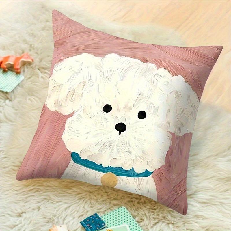 Cute Cartoon Fluffy Dog Throw Pillow Covers Adorable Poodle Maltese Dog Print Cushion Cases Pet Lover Home Decor For Living Room