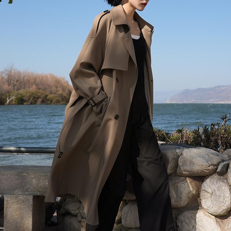 

Твиловый двубортный тренч средней длины, женская одежда высокого класса на весну и осень, женское весеннее пальто XL