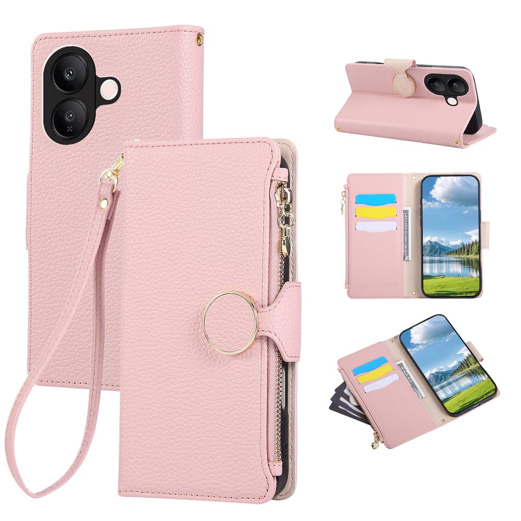 For vivo V60 Lite 5G Case Zipper Wallet Leather Phone Cover with Wrist Strap