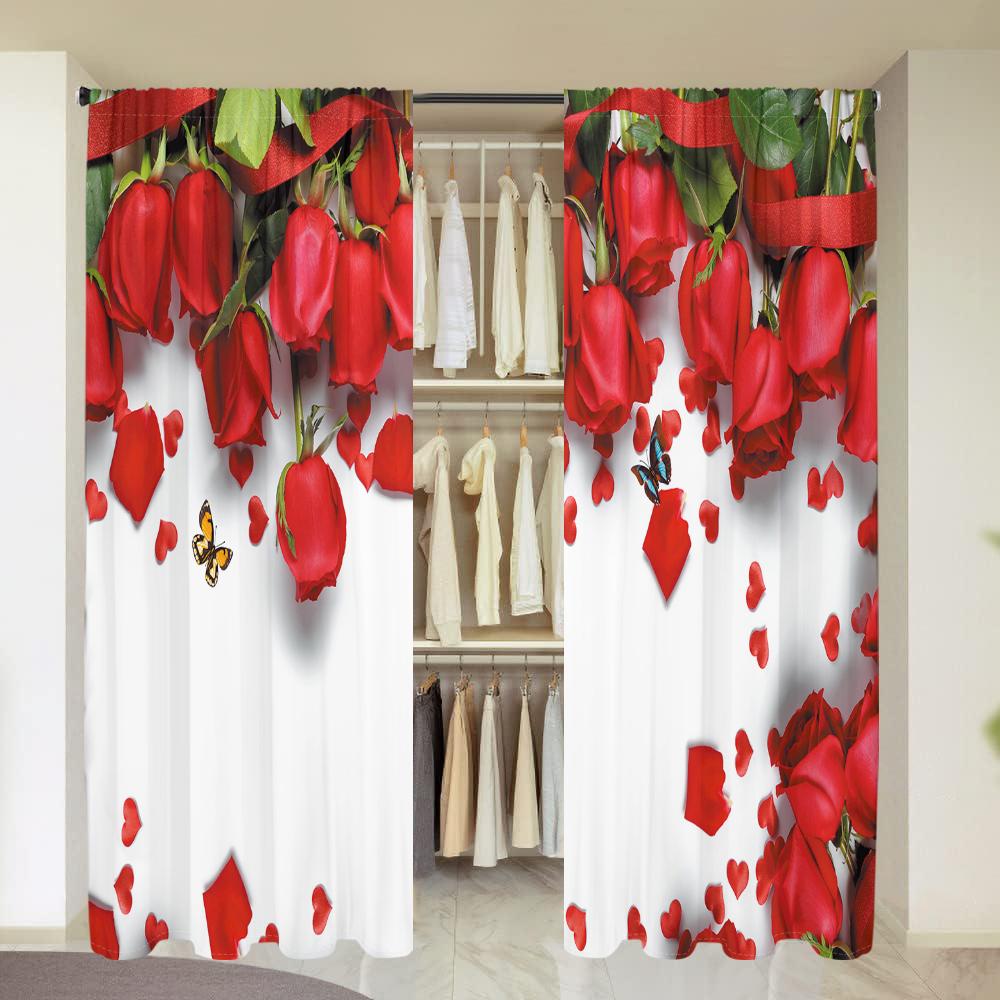2 Stück, rote Rosenvorhänge -30% Verdunkelung - geeignet für Wohnzimmer, Schlafzimmer, Valentinstag Heimdekoration