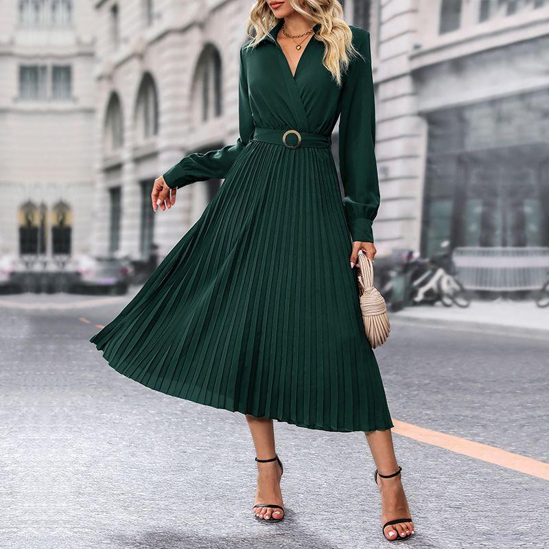

2023 Women s High-End Cross-Border Solid Color Dress Dress Dark green M