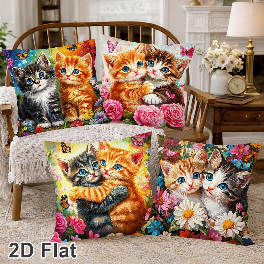 4pcs Cartoon Cat Pillowcase, Cute Cat Flower Design Polyester Cushion Cover, Home Decor for Living Room Couch Bed Sofa