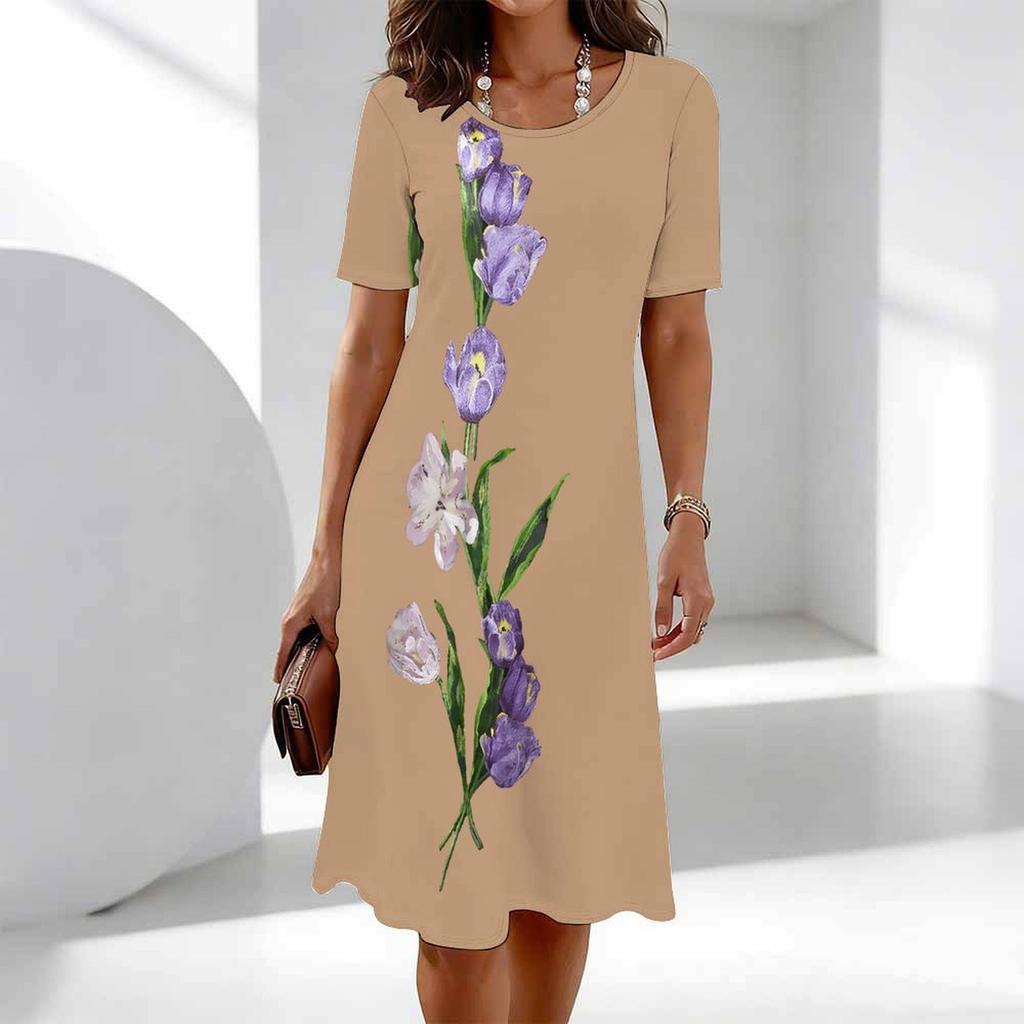Damskie Modne Eleganckie Piękne Letnie Wiosenne Sukienki Codzienne z Nadrukiem Kwiatowym Krótkim Rękawem Okrągłym Dekoltem