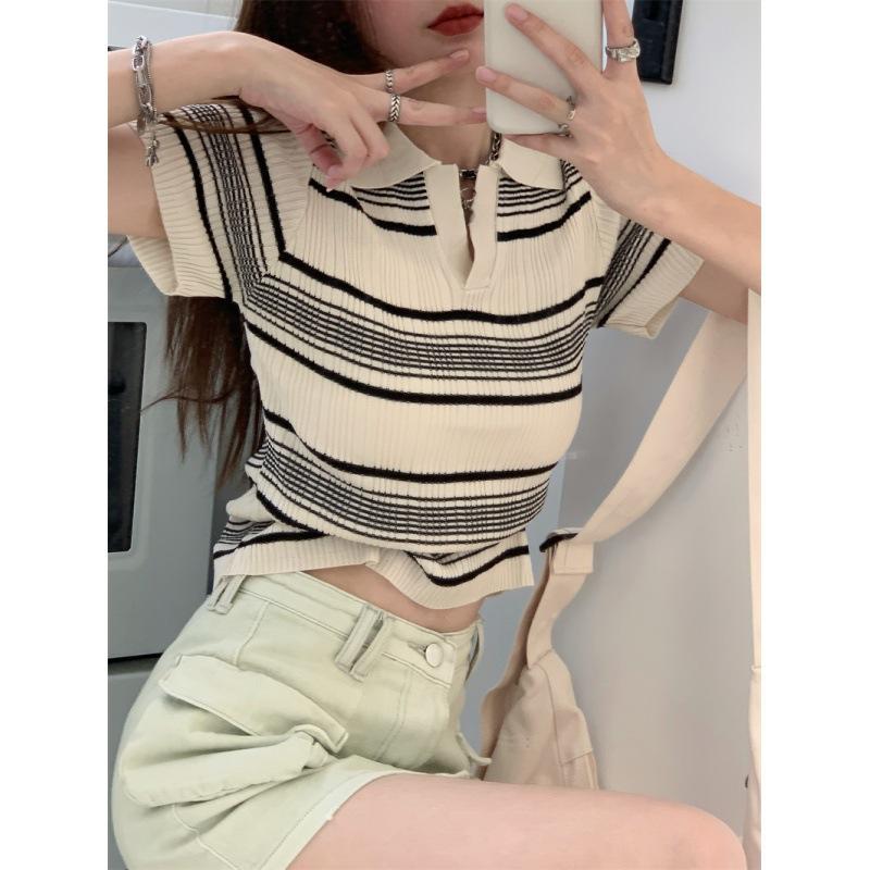 Japan and Korea 1116 summer retro striped knitted sweater design sense short polo collar T-shirt women's chic short-sleeved top
