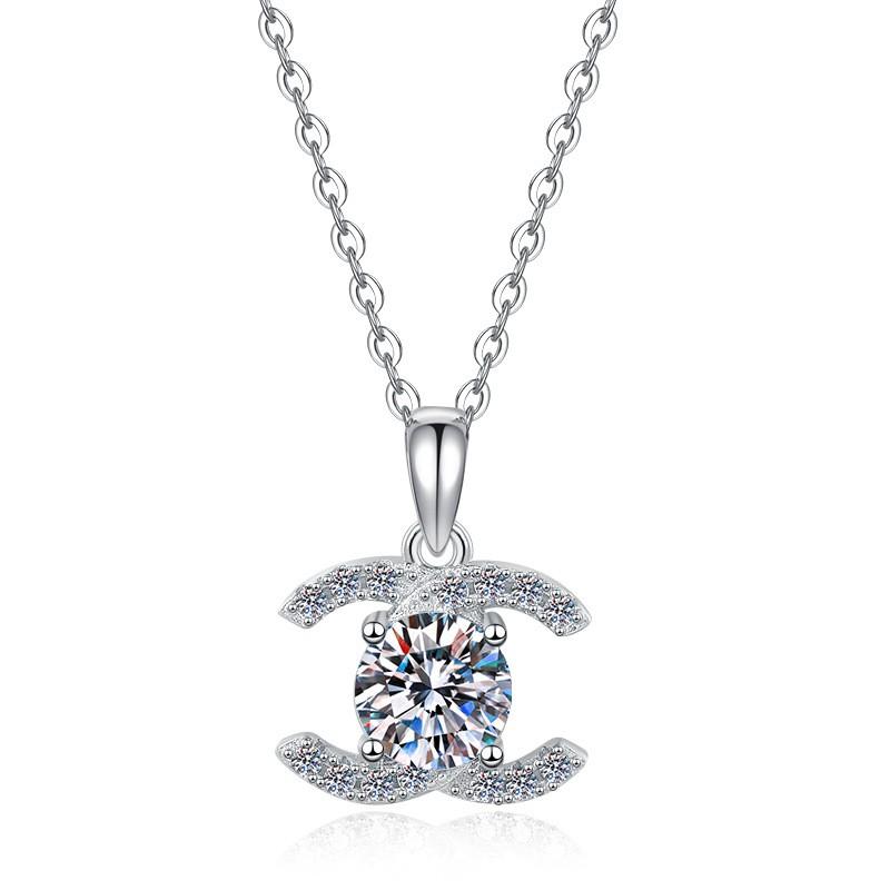 C Letter Moissanite Pendant Necklace Women Men Sterling Chain Elegant Minimalist Jewelry Office Daily