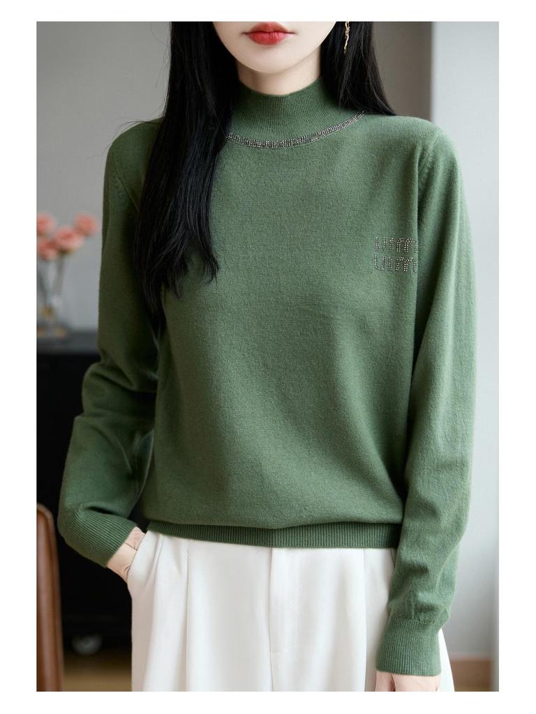 Autumn/Winter Rhinestone Semi-High Neck Knitted Sweater Top for Women