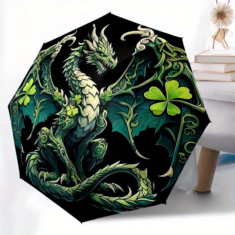 1pc Green Clover Dragon Pattern Automatic Umbrella is Fashionable and Good-Looking,  Suitable for Travel and Daily UseC074
