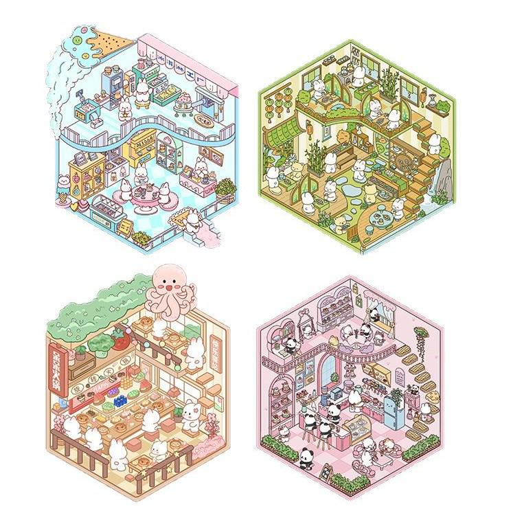 Korean Ancient Tea House Miniature Scenery Sticker - Cute DIY Cartoon
