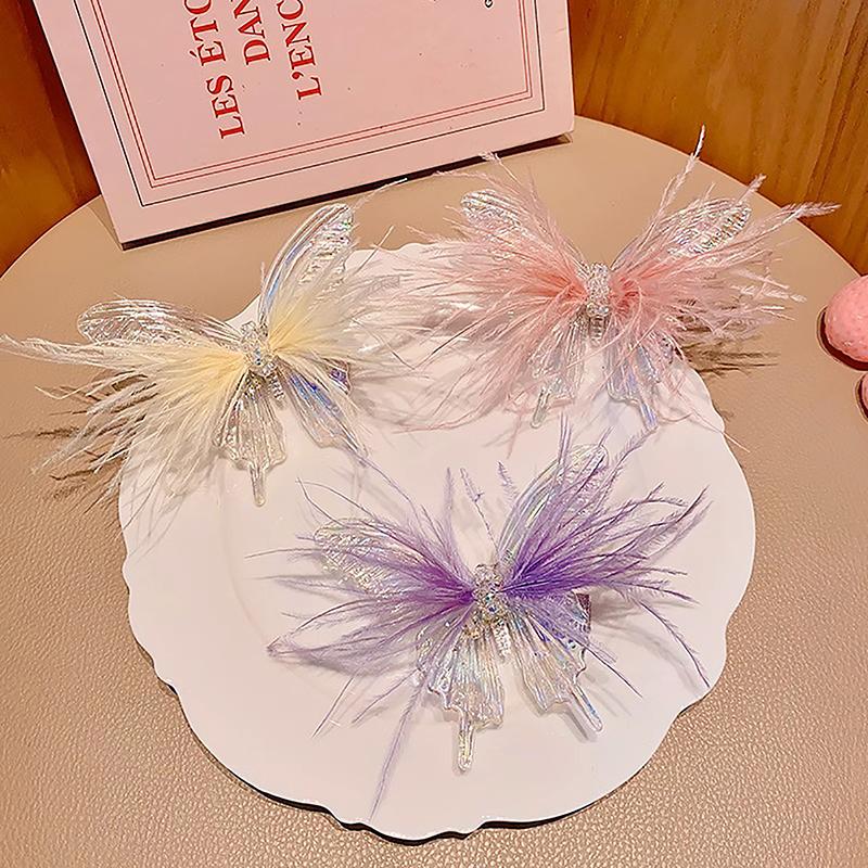 Children Korean Colorful Boutique Feather Butterfly Hair Clip Fairy Beauty Princess Girl Headdress Side Card Accessories