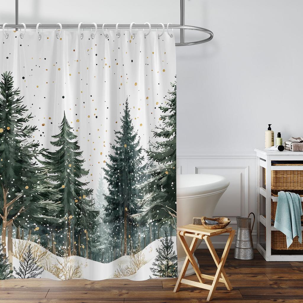 1Pc Pine Forest Print Waterproof Shower Curtain Bathroom Partition Door Curtain Privacy Protection With 12 Hooks Multiple Sizes