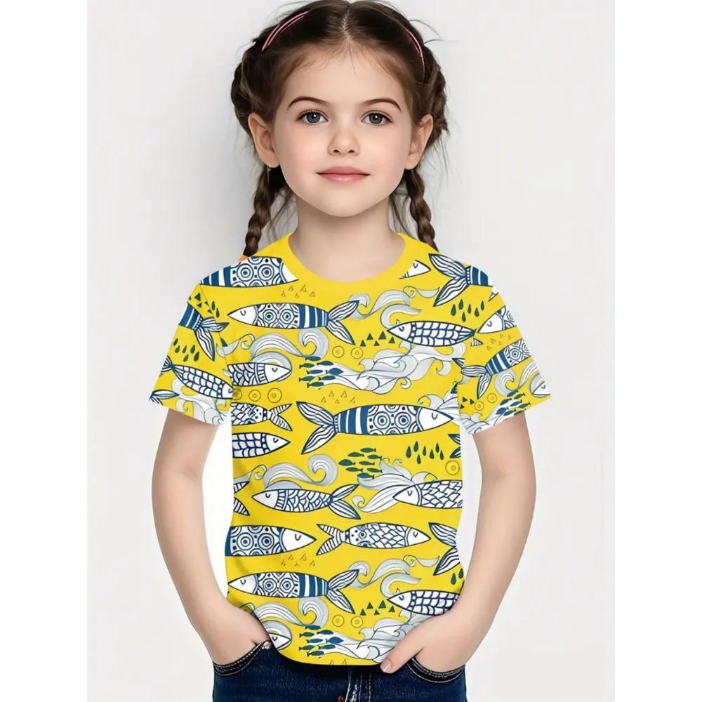 Children's Clothing Girls T-Shirt Short Sleeve Cute Cartoon Fish Crab Print Kids Clothes Casual O-Neck Boy T-Shirt Children Tops