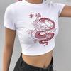 White Chinese Character Dragon Print T Shirt Women Bodycon Casual T-Shirt Femme Streetwear Tops