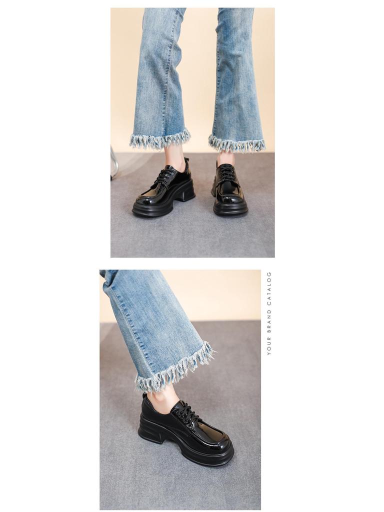 2025 Autumn Women's British Style Patent Leather Platform Loafers with High Heels