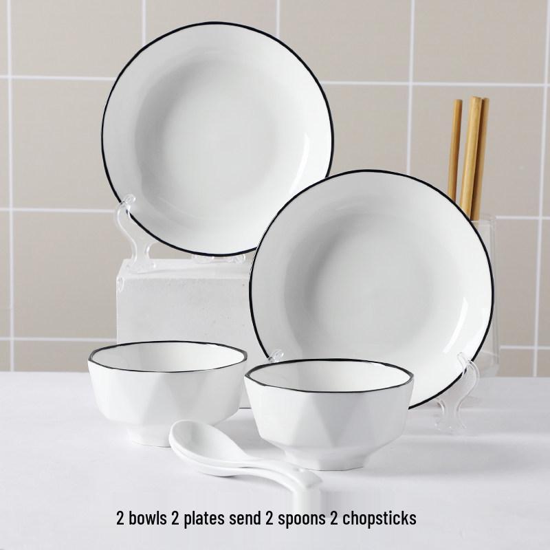 Nordic Style Ceramic Tableware Set: Couple's Rice Bowls & Plates for Two
