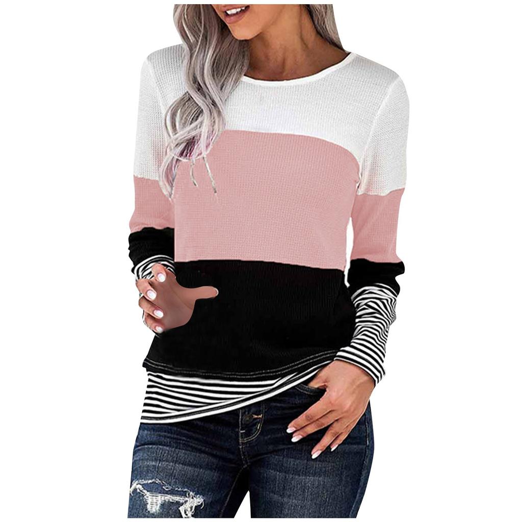 Winter Women's Long-Sleeved Striped Stitching Sweatershirt Tops