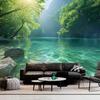 Crystal Clear Turquoise Mountain Lake Wall Mural Green Forest Wallpaper for Living Room Decor