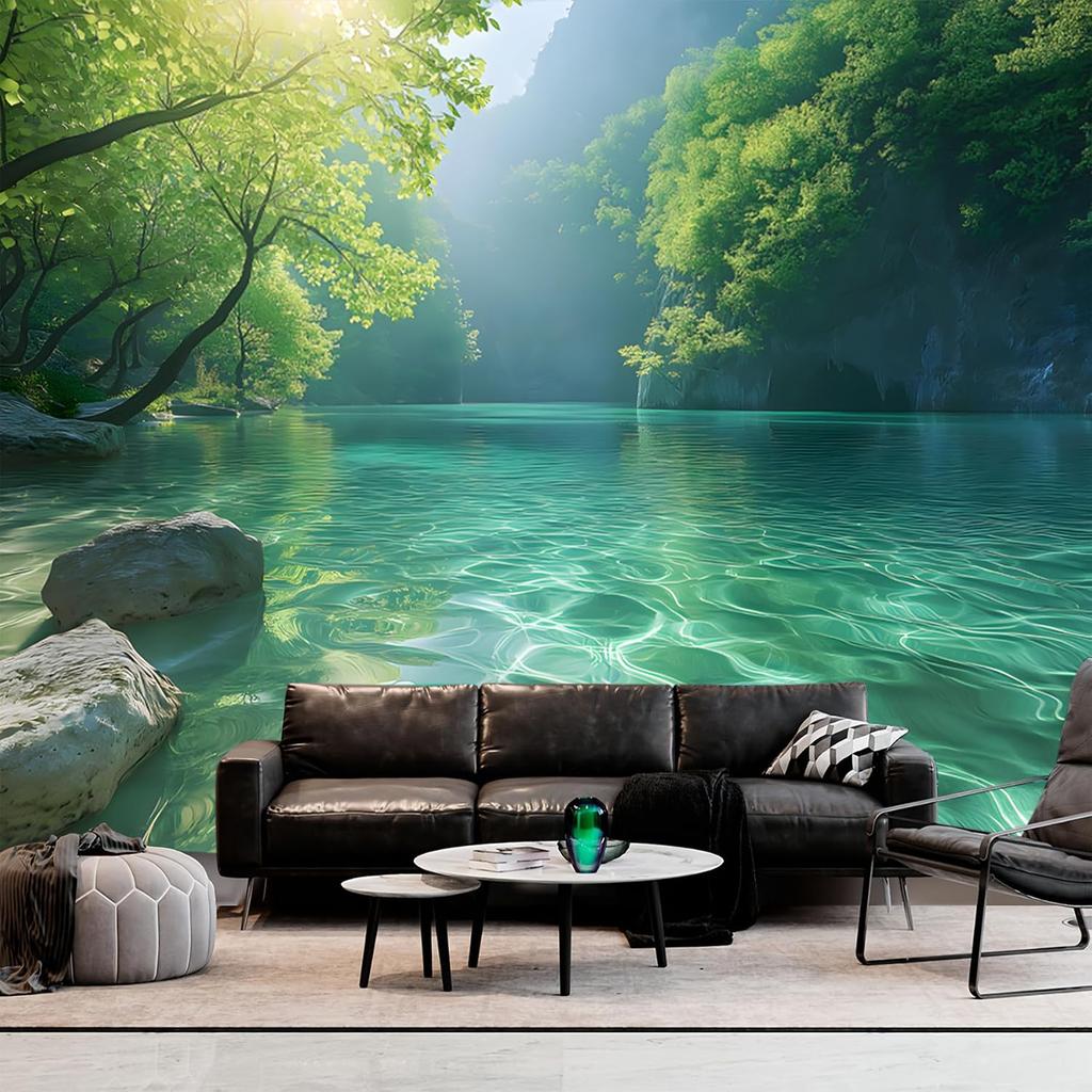 Crystal Clear Turquoise Mountain Lake Wall Mural Green Forest Wallpaper for Living Room Decor