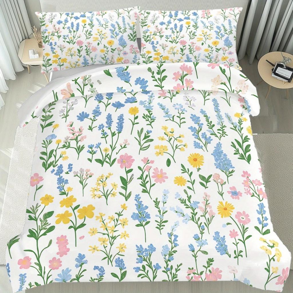 Dopamin Buntes Blumenmuster Romantischer Bettbezug Queen King Size Frühling Blumenmuster Bettwäscheset Raumdeko 3-teiliges Set Ohne Steppdecke