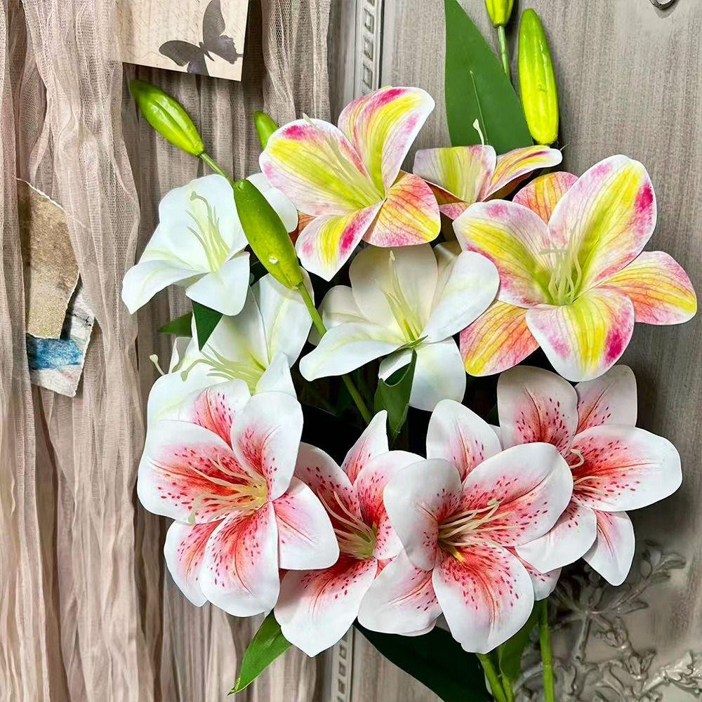 New 65cm Artificial Lily Flower 4 Heads 3D Printing Daylily Lily Flower Silk DIY Wedding Bridal Bouquet Living Room Decor