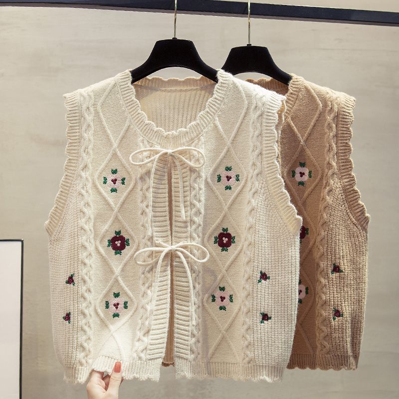 Cardigan Round Neck Knitted Vest Women's Spring and Autumn Outerwear Gilet Outer Sweater Waistcoat