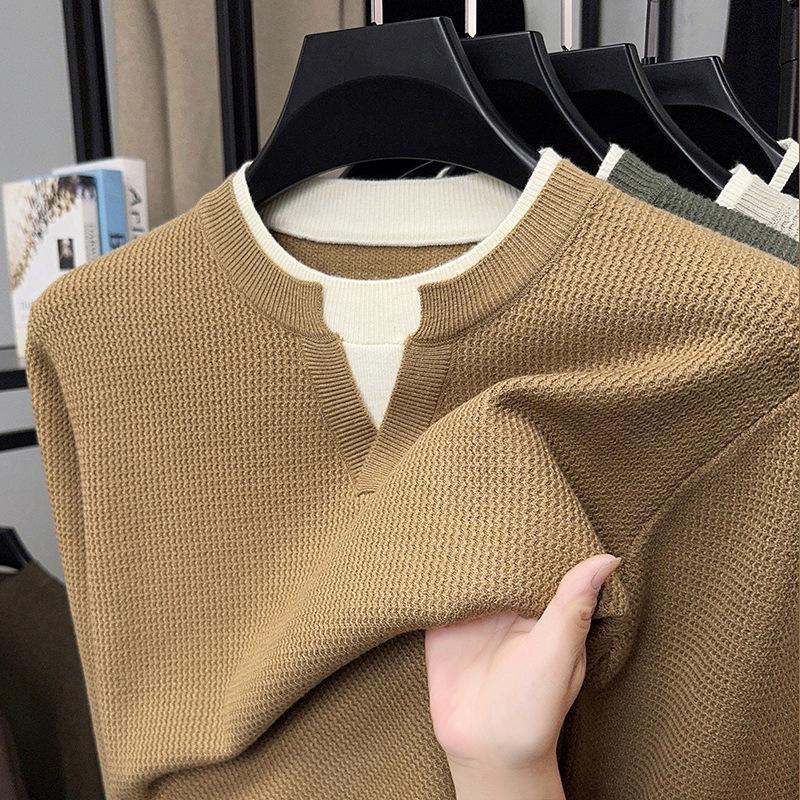 

2025 Autumn Korean Style V-neck Patchwork Knitwear: Breathable Casual Two-Piece Sweater L хакі