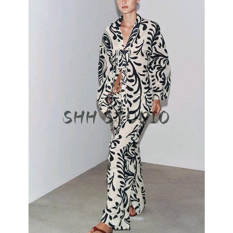 Summer New Arrival Print Long Sleeves Lapel Coat 2731084 Mid-Waist Straight Casual Pants 2731089