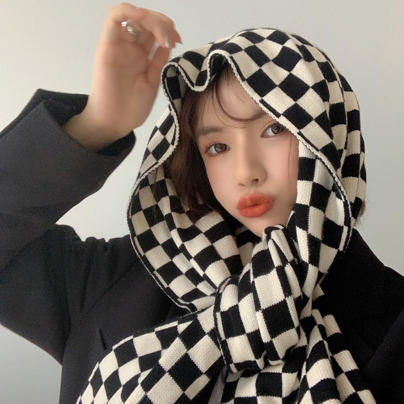 Checkerboard Scarf Women's Autumn and Winter Black and White Plaid Korean Style Literary Versatile Student Warm Scarf Trendy