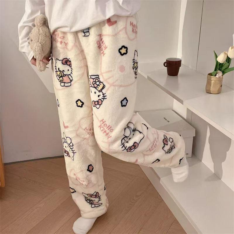 Women's Cartoon Cat Fleece Pajama Pants - Cozy Flannel for Autumn/Winter