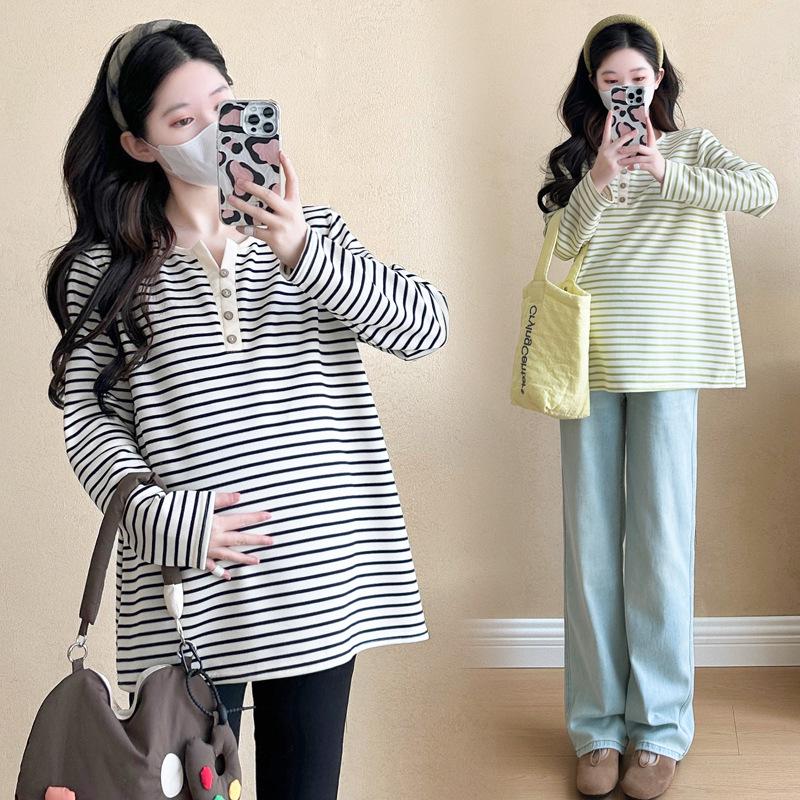 2026 Spring/Summer V-Neck Striped Casual Long Sleeve T-Shirt for Pregnant Women