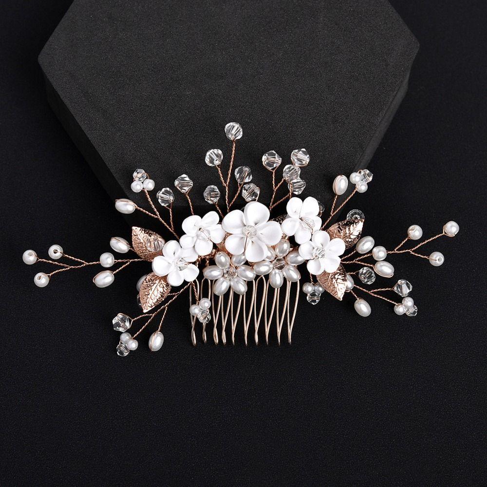

Pearl Baroque Hair Comb Mesh Flower Hair Comb Vintage Crystal Leaf Hairpin Women D