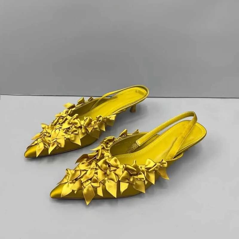 Fashion 2024 High Quality Women's Shoes Summer Fashion Slip-on Toe Sandals Solid Color Stiletto Heels Bow Decorated Women's Sandals