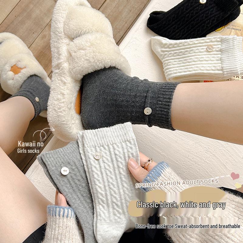 Women's Extra Thick Cable Knit Mid-Calf Socks in Trendy Gray - Cozy Autumn/Winter Japanese Style