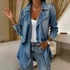 Women Lapel Collar Denim Jacket Asymmetrical Hem Long Sleeve Casual Outerwear