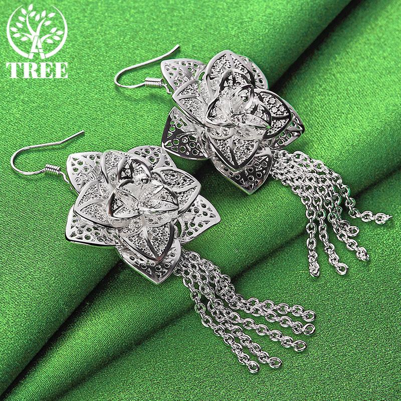 Gorgeous Jewelry 925 Sterling Silver Flower Tassel Drop Earrings Women Charm Wedding Engagement Party Gifts Classic Accessories
