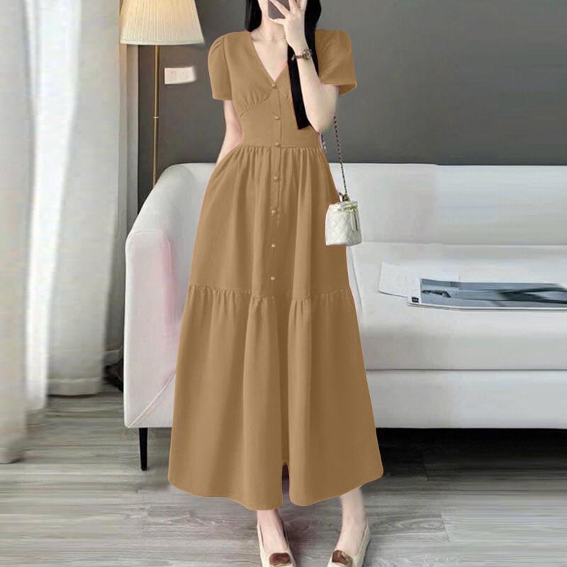 

ZANZEA Женское летнее повседневное длинное платье с V-образным вырезом и коротким рукавом 2XL хаки