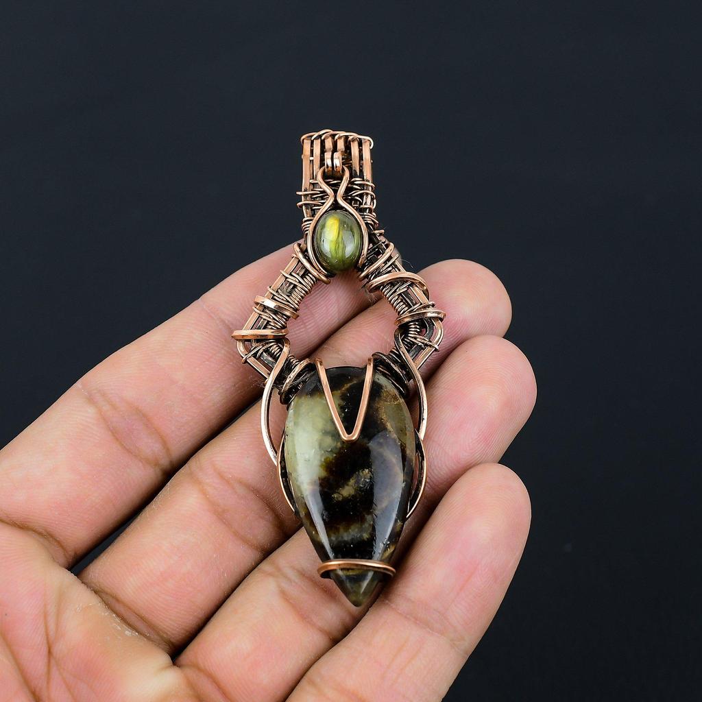 Σεπτάριας, Λαβραδορίτης πολύτιμος λίθος Χειροποίητο Κρεμαστό κόσμημα τυλιγμένο με καθαρό χάλκινο σύρμα για δώρο