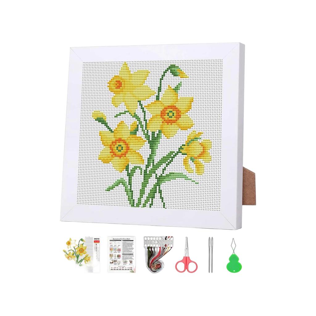 DIY Cross Stitch Kit with Floral Pattern Includes Fabric Needle Thread Scissors and Frame for Home Decoration and Craft Projects