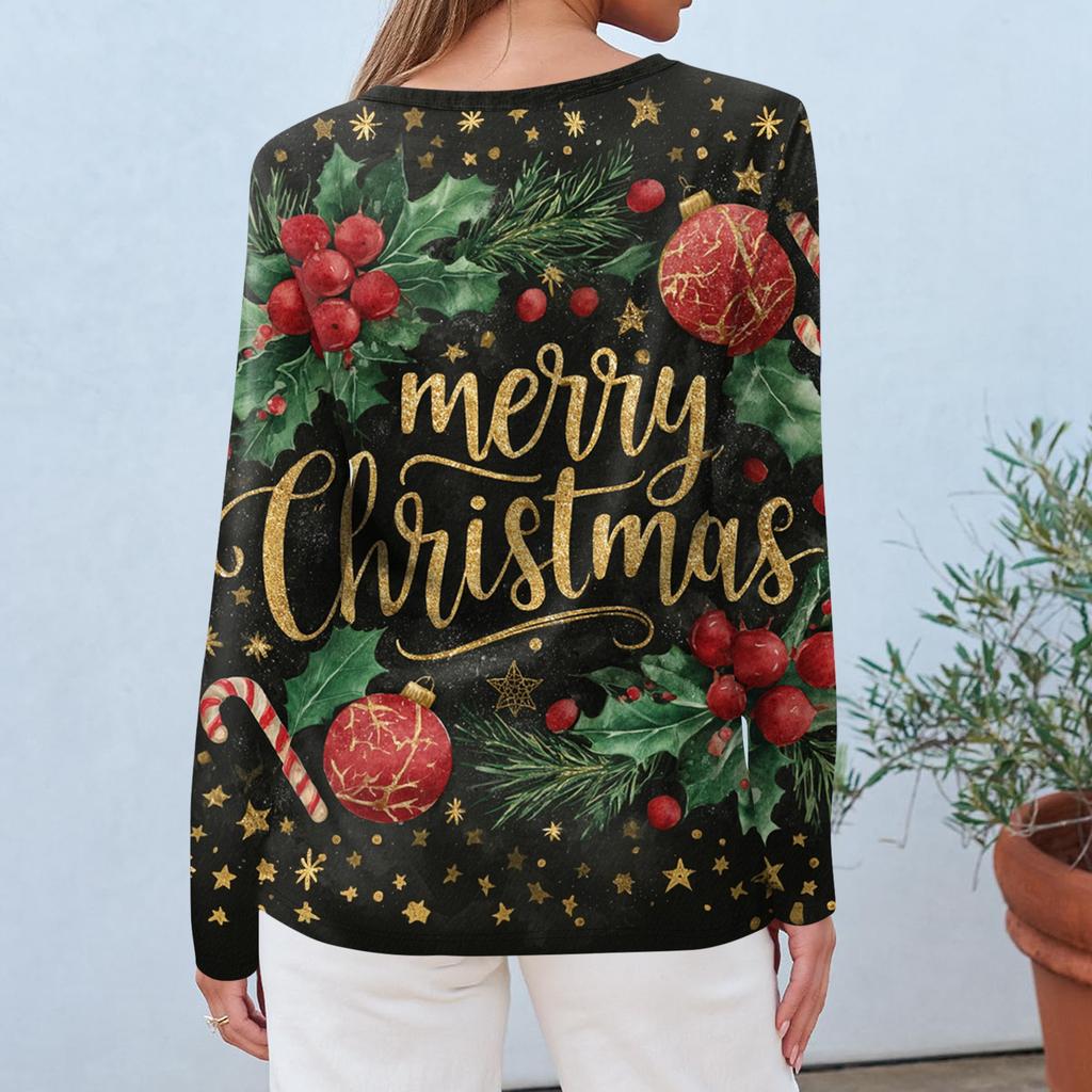 Women's Fashion Casual Long Sleeve  Print Round Neck Top