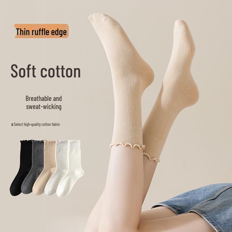Japanese & Korean Style Ruffle Lace Mid-Calf Socks - Retro Vertical Stripe Design for Women