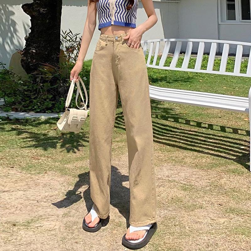 Women's Yellow High-Waisted Wide-Leg Jeans - 2022 Slimming Style for Petite Figures, Straight Floor-Length Pants