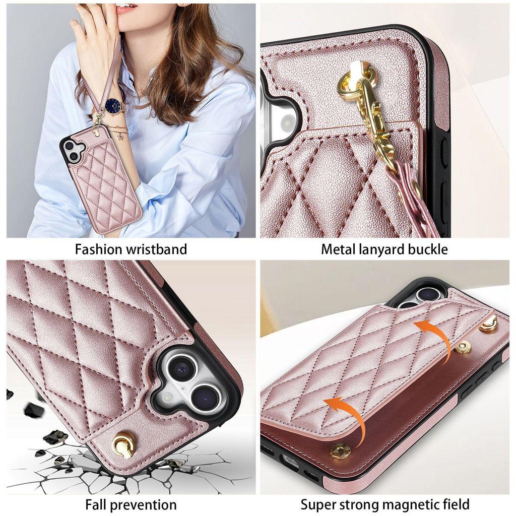 Plush Plaid Card Holder Phone Case for Apple 16 with Lanyard - Full Coverage, Luxury Style