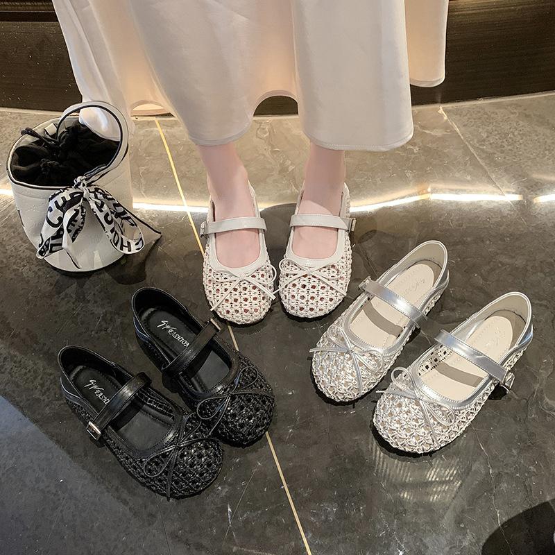Woven Hollowed-out Word Belt Mary Jane Single Shoes Women's Summer Flat-bottomed Breathable Two Wear Bow-tie Ballet Sandals