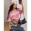 Women's Summer Pink Number Print Casual Mesh Breathable T-shirt V Neck Sport Jersey Hip Hop Vintage  Fashion Streetwear