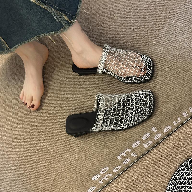 Ladies' Low Heeled Fishing Net Shoes with Hollowed Out Mesh Cover and Half Flip Flops for Women's Summer Outdoor Wear with Holes and Cool Slippers