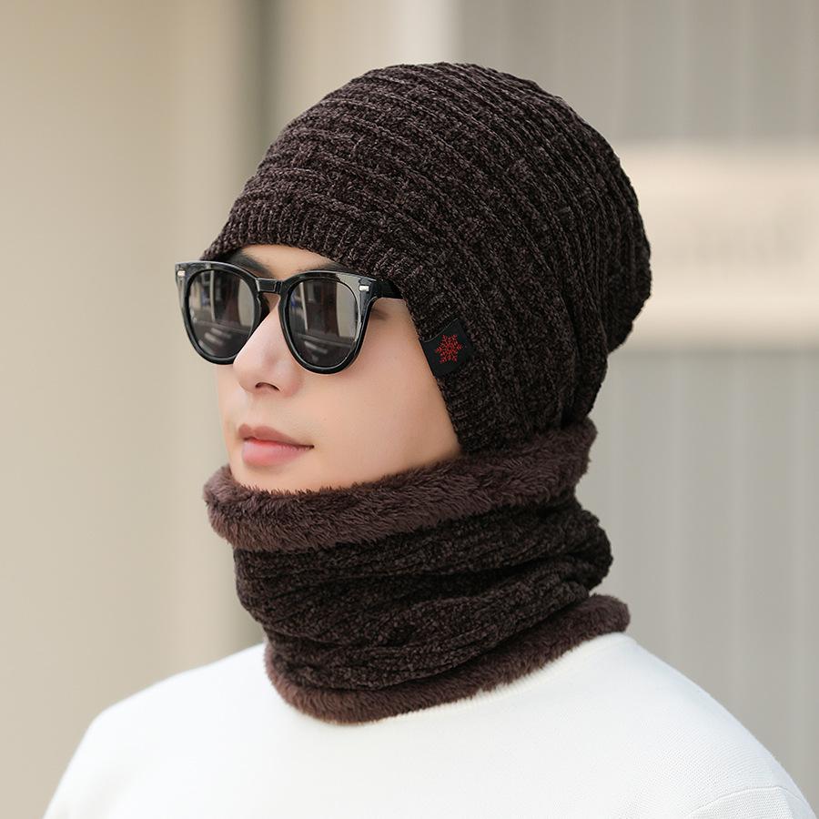 

Европейский и американский утолщенный пуловер, шапка и шарф, комплект из двух предметов, мужская зимняя велоспорт, защищающая от холода вязаная шапка hat + scarf коричневый
