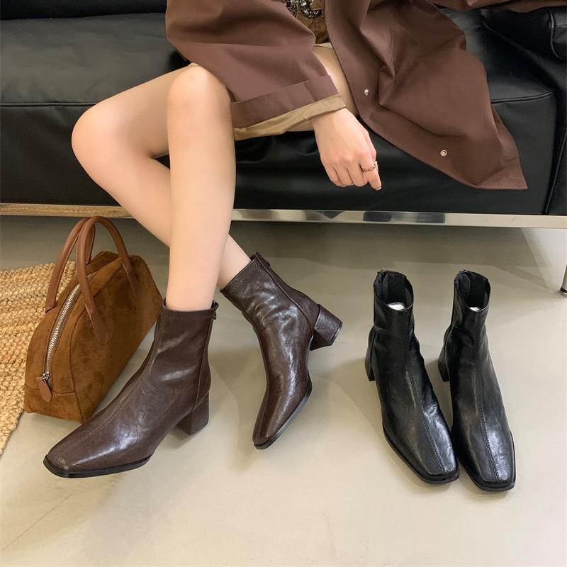 2025 autumn and winter new retro medium boots thick heel elastic single boots square head thin boots women's short boots genuine leather boots women