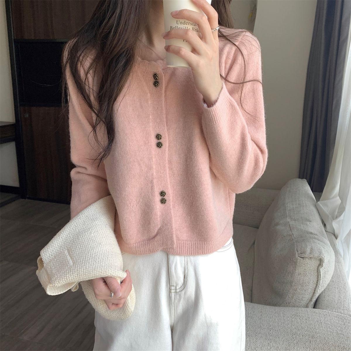 

Soft Sweet Style Short Lace-Trimmed Crew Neck Long-Sleeve Knit Sweater Cardigan Jacket for Outer Wear 2XL светло-розовый