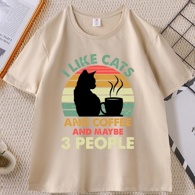 Cats and Coffee Sunset Tshirt I Like Cats and Maybe 3 People Tshirt Casual Cotton Printed Short Sleeve T Shirt Streetwear Tops