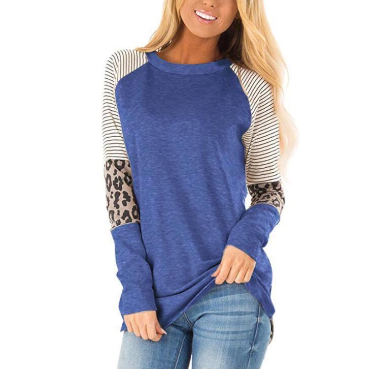 Women's And Winter Fashion Leopard Print Striped Round Neck Long Sleeve Top