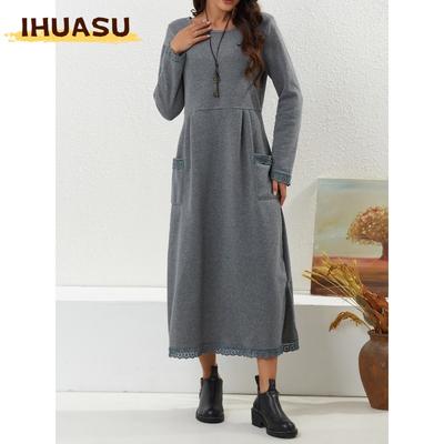 Modische Herbst Winter Einfarbige Druck O-Ausschnitt Langarm Freizeitkleider